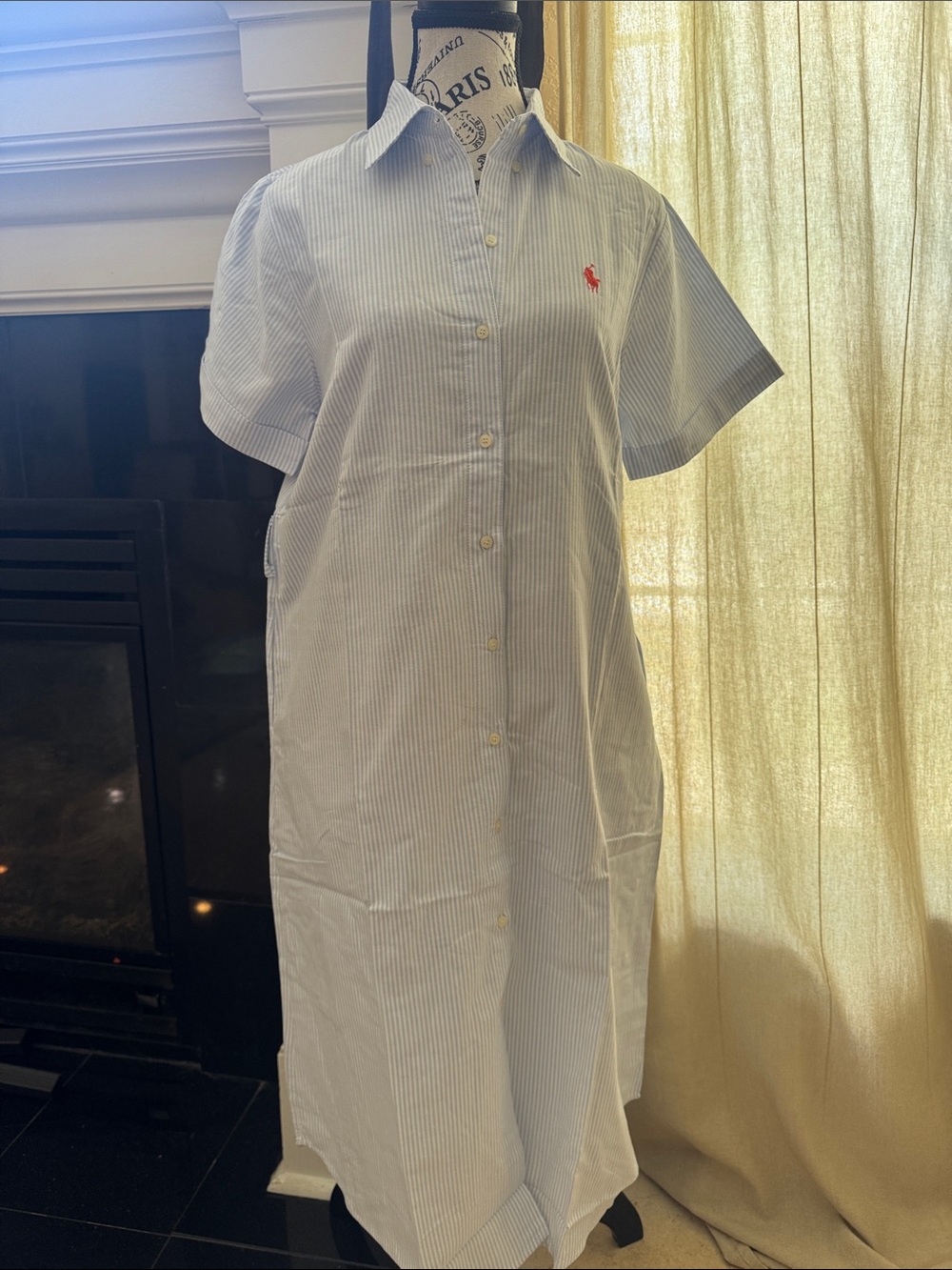 Ralph Lauren Light Blue and White Striped Short-Sleeve Shirt Dress with Red Pony